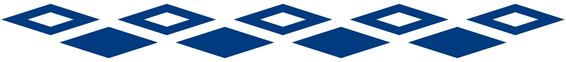 A row of blue diamond shapes, some solid and some outlined, arranged in a symmetrical pattern on a white background.