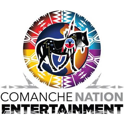 A stylized bison with a painted design stands in front of a colorful, patterned circle above the words “Comanche Nation Entertainment"