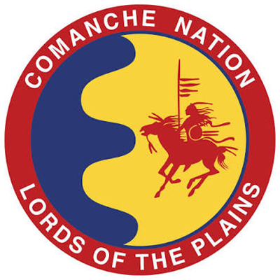 Red circular logo with “Comanche Nation Lords of the Plains” text, a yellow background, blue curve, and silhouette of a rider on horseback carrying flags.